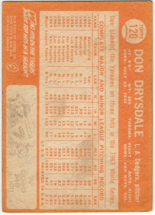 Don Drysdale 1964 Topps Card #120