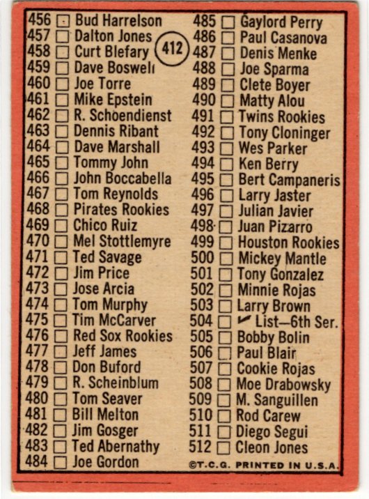 Mickey Mantle 1969 Topps Checklist Card 412