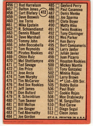 Mickey Mantle 1969 Topps Checklist Card 412