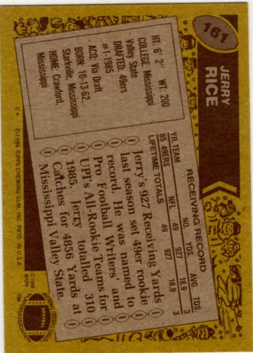 Jerry Rice 1986 Topps Rookie Card #161