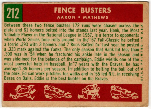 Hank Aaron & Eddie Matthews 1959 Topps Fence Busters Card #212