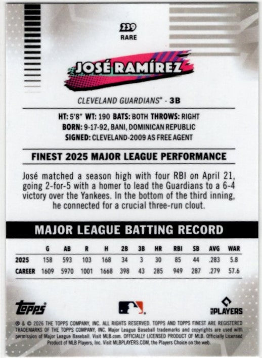 Jose Ramirez 2026 Topps Finest Performance Rare Card #239