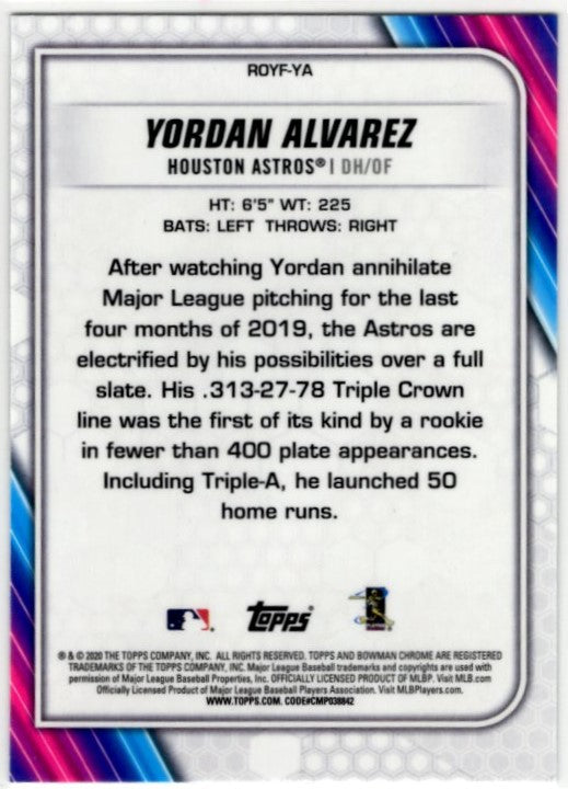 Yordan Alvarez 2020 Bowman Chrome Rookie of the Year Favorites Mojo Refractor RC Card #ROYF-YA