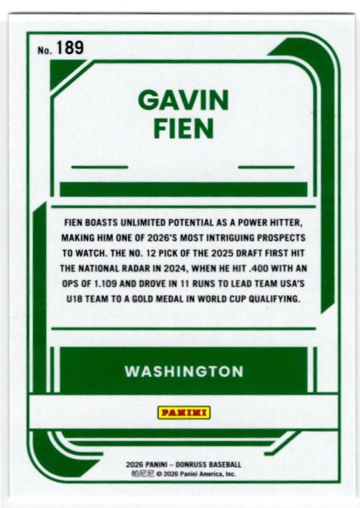 Gavin Fien 2026 Panini Donruss Rated Prospect Red & Blue Foil Card #189