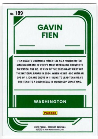 Gavin Fien 2026 Panini Donruss Rated Prospect Red & Blue Foil Card #189