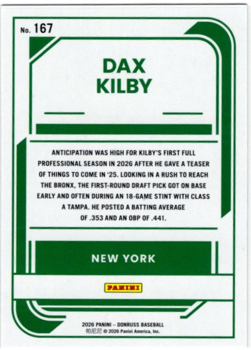 Dax Kilby 2026 Panini Donruss Rated Prospect Rocket Foil Card #167