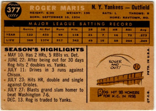 Roger Maris 1960 Topps Card #377