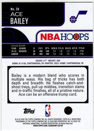 Ace Bailey Topps 2025-26 NBA Hoops Rainbow Foil RC Card #38