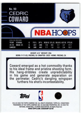 Cedric Coward 2025-26 Topps NBA Hoops Green Parallel Foil RC Card #90