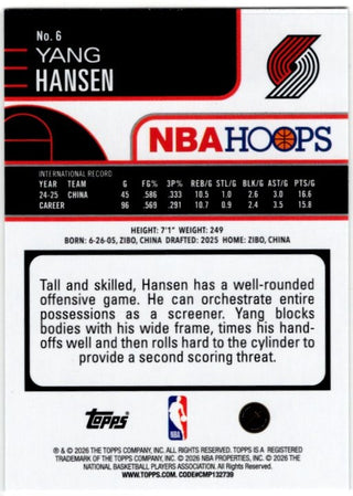 Yang Hansen 2025-26 Topps Hoops NBA Hoops Green Parallel Foil RC Card #6