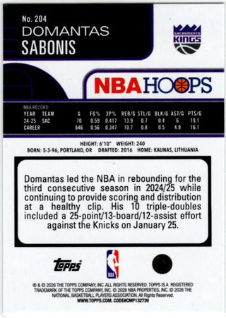 Domantas Sabonis 2025-26 Topps NBA Hoops Aqua Foil Card #204 114/299