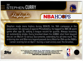 Stephen Curry 2025-26 Topps NBA Hoops Highlights Holo Foil Card #261