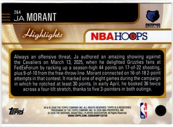JA Morant 2025 Topps NBA Hoops Highlights Holo Foil Card #264
