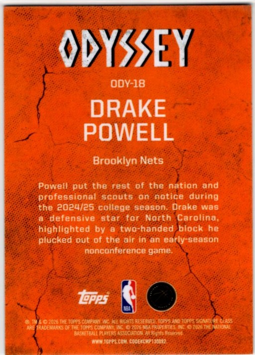 Drake Powell 2026 Topps Signature Class Odyssey RC Card ODY-18