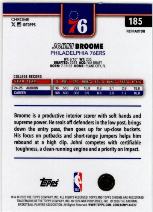 John Broome 2025-26 Topps Chrome Refractor RC Card #185