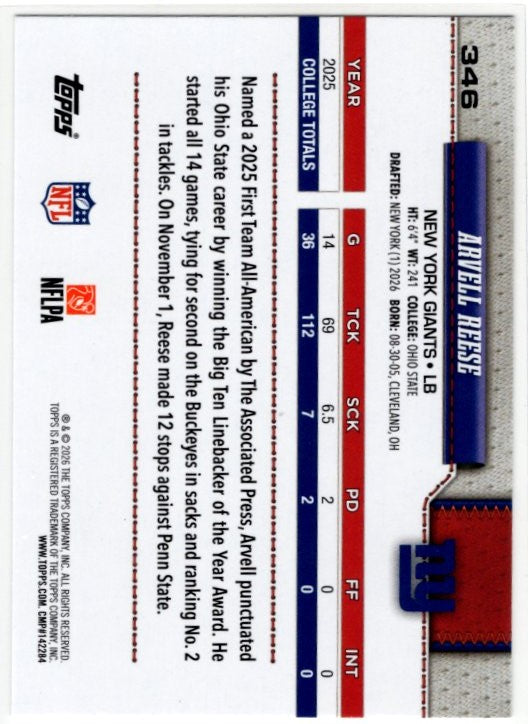 Arvell Reese 2026 Topps Flagship RC Card #346