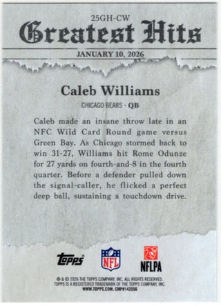Caleb Williams 2026 Topps Flagship Greatest Hits 2025 Card #25GH-CW