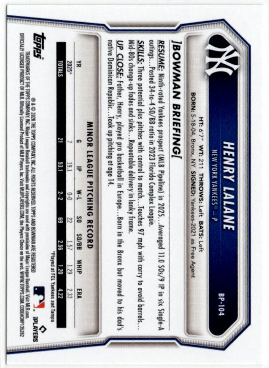 Henry Lalane 2026 Bowman Prospect Card #BP-104