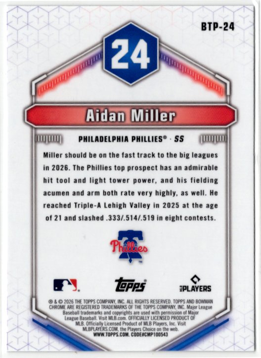 Aidan Miller 2026 Bowman Chrome Bowman Scouts Top 100 Card #BTP-24