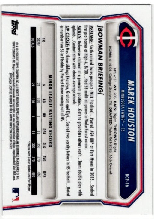Mark Houston 2026 Bowman Chrome 1st Bowman Card #BCP-16