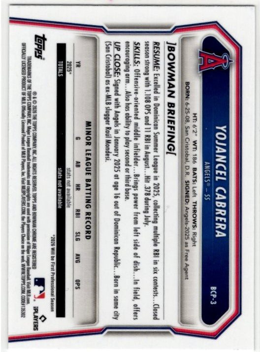 Yojancel Cabrera 2026 Bowman Chrome 1st Bowman Prospect Card #BCP-3