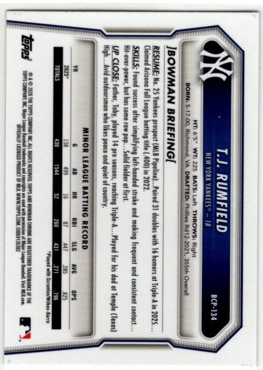 T.J. Rumfield 2026 Bowman Chrome 1st Bowman Prospect Card #BCP-134