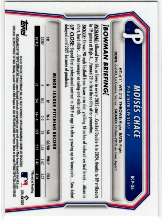 Moises Chace 2026 Bowman Chrome 1st Bowman Prospect Card #BCP-36