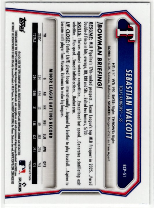 Sebastian Walcott 2026 Bowman Chrome Card #BCP-51