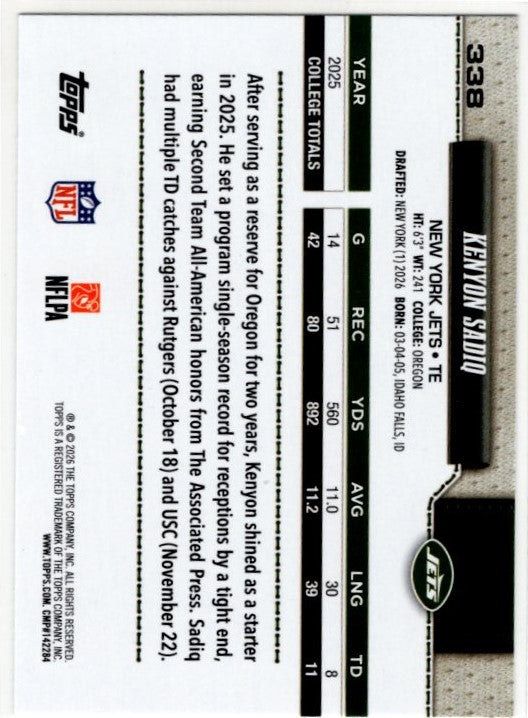 Kenyon Sadiq 2026 Topps Flagship RC Card #338