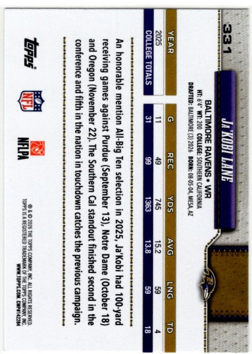 Ja'Kobi Lane 2026 Topps Flagship RC Card #331