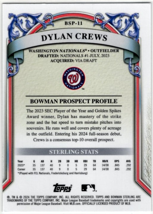 Dylan Crews 2024 Bowman Sterling Prospect Card # BSP-11