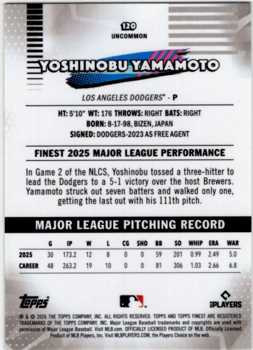 Yoshinobu Yamamoto 2026 Topps Finest Uncommon Card #120