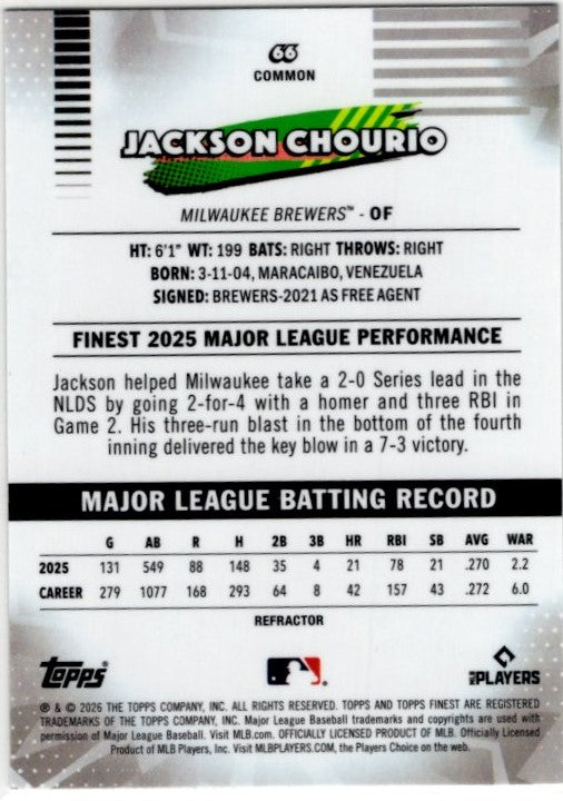 Jackson Chourio 2026 Topps Finest Common Refractor Card #66