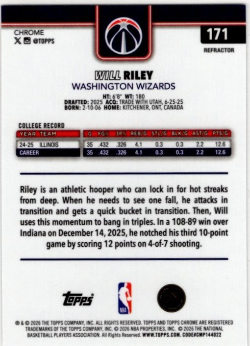 Will Riley 2025-26 Topps Chrome Refractor RC Card #171