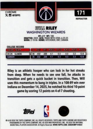 Will Riley 2025-26 Topps Chrome Refractor RC Card #171