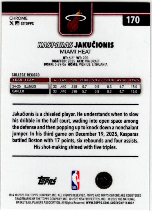 Kasparas Jakucionis Topps Chrome 2026 RC Card #170