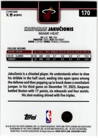 Kasparas Jakucionis Topps Chrome 2026 RC Card #170