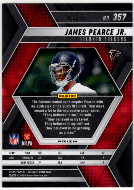 James Pearce JR. 2025 Panini Mosaic Red & Yellow Reactive Prizm RC Card #357 05/89