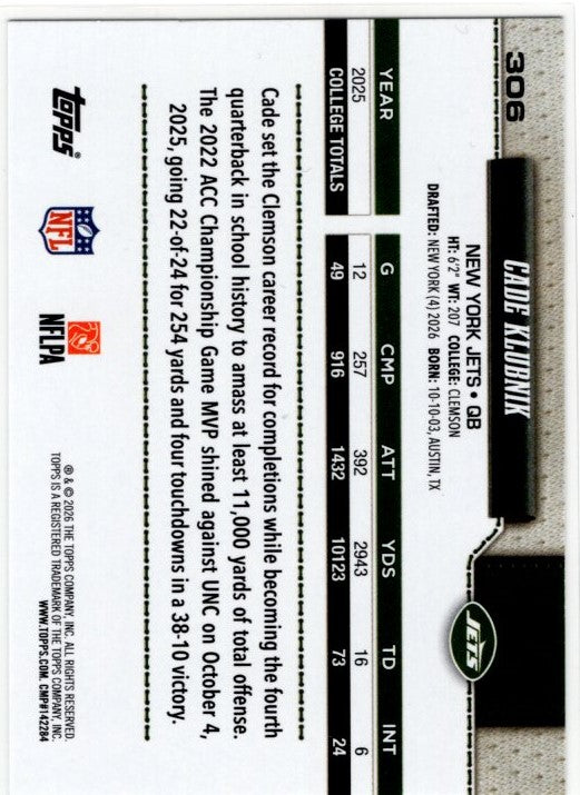 Cade Klubnik 2026 Topps Flagship RC Card #306