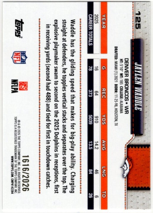 Jaylen Waddle 2026 Topps Flagship Card #125 1616/2026