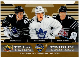 Quinn Hughes/ Mitch Marner/ Brady Tkachuk 2020-21 Upper Deck Team Triples Card #TT-R1
