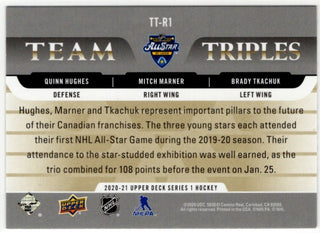 Quinn Hughes/ Mitch Marner/ Brady Tkachuk 2020-21 Upper Deck Team Triples Card #TT-R1
