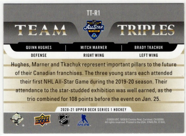 Quinn Hughes/ Mitch Marner/ Brady Tkachuk 2020-21 Upper Deck Team Triples Card #TT-R1