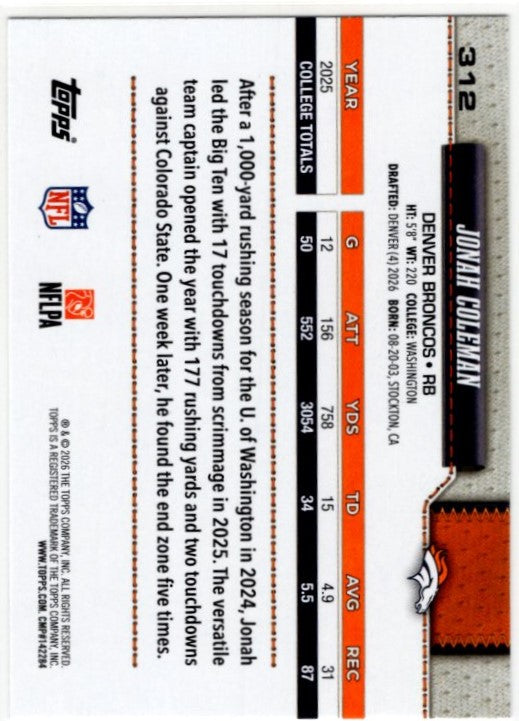 Jonah Coleman 2026 Topps Flagship RC Card #312