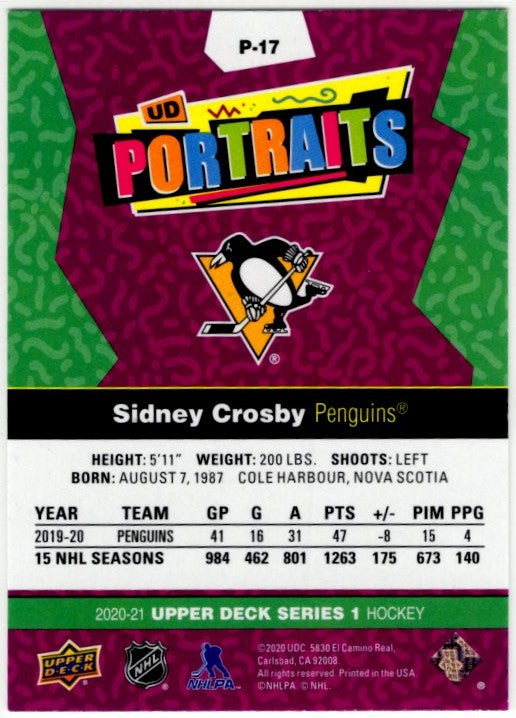 Sidney Crosby 2020-21 Upper Deck Series 1 UD Portraits Card #P-27