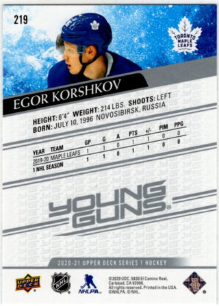 Egor Korshkov 2020-21 Upper Deck Series 1 Young Guns Card #219