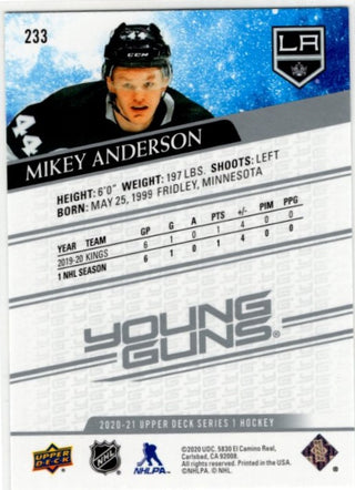 Mikey Anderson 2020-21 Upper Deck Series 1 Young Guns Card #233