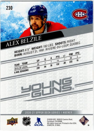 Alex Belzile 2020-21 Upper Deck Series 1 Young Guns Card #230