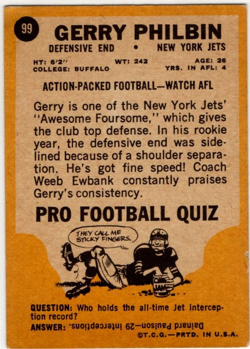 Gerry Philbin 1967 Topps Card #99