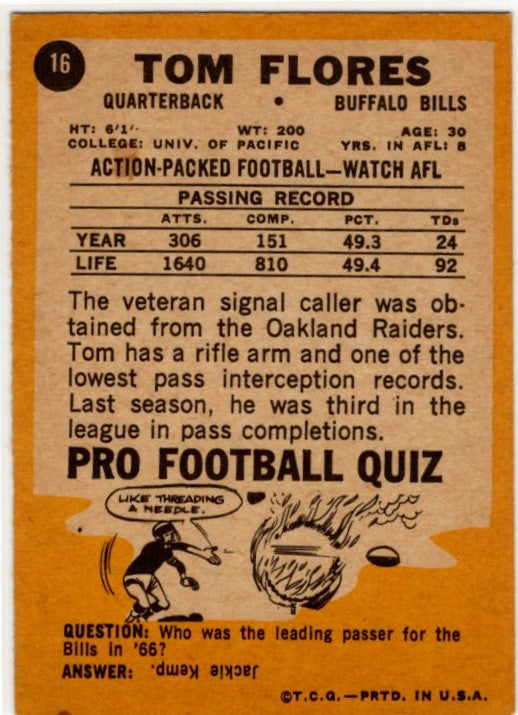 Tom Flores 1967 Topps Card #16